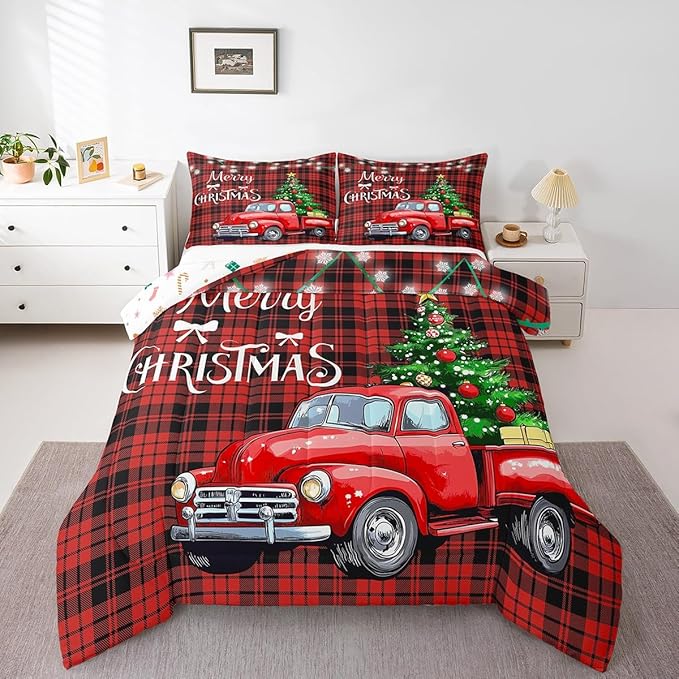 Erosebridal Christmas Comforter Set for Men & Women - King Size Merry Christmas Truck Duvet Insert - Black & Red Grid Checkered Down Comforter with 2 Pillowcases - Warm & Cozy for Holidays