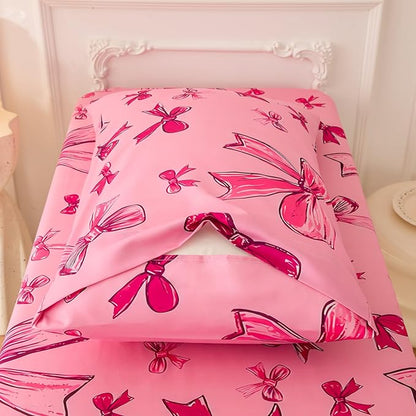 SDIII 4 Piece Pink Bow Girl Toddler Bedding Set, Cute Bowknot Princess Toddler Bedding Set with Comforter, Fitted Sheet, Flat Sheet and Pillowcase