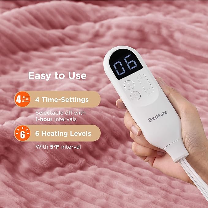 Bedsure GentleSoft Heated Blanket Electric Throw - Soft Ribbed Flannel Electric Blanket, Heating with 4 Time Settings, 6 Heat Settings, and 3 hrs Timer Auto Shut Off (50x60 inches, Pink)