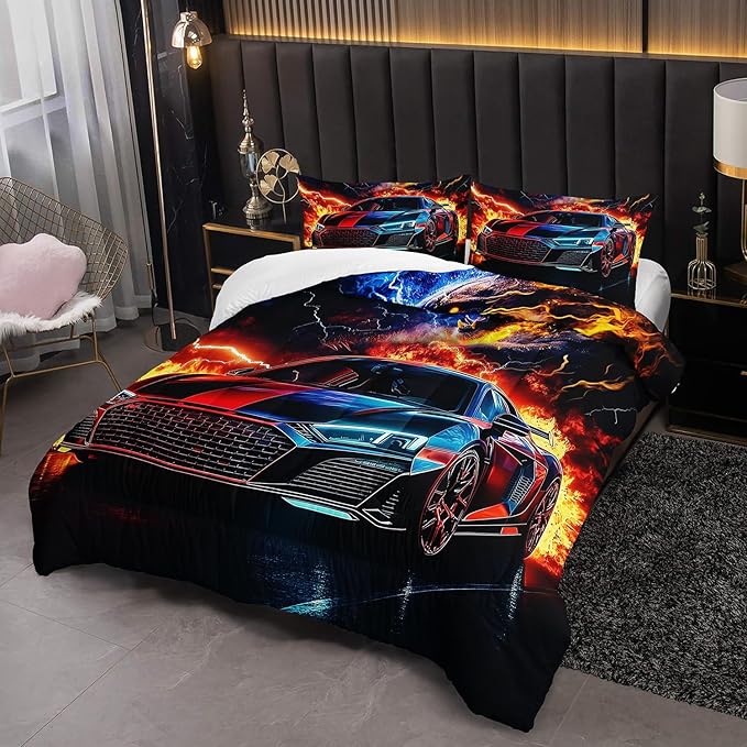 Colorful Racing Car Black Cheetah Comforter 3Pcs Queen Cool Speed Sport Car Thunder Fire Bedding Set for Kid Teen Girl Boy Adult Extreme Games Quilt Bed Decor with 1 Comforter and 2 Pillowcases
