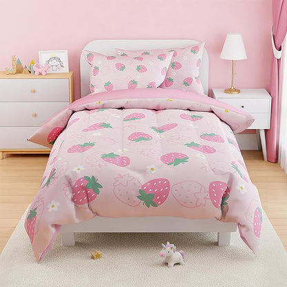 SANDJEST Strawberry Comforter Set Twin Size 68x86in for Kids Girls, Microfiber 3 Pcs Bedding Set Includes 1 Comforter, 1 Pillowcase, 1 Fitted Sheet, Nursery Room Decor