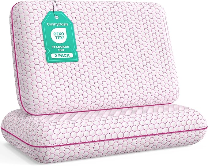 Memory Foam Pillows for Side, Back and Stomach Sleepers, Set of 2, Bed Pillow with Washable Cover and Breathable Mesh, Bed Pillow for Sleeping (Pink，Standard Size)