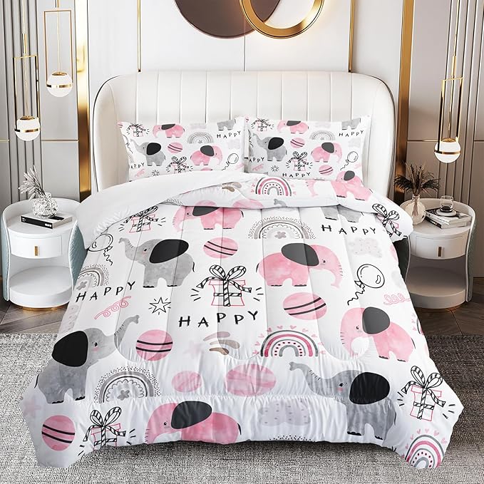 Pink Elephant Comforter Set Twin Size, Rainbow and Balloon Comforter for Kids Girls, Cute Cartoom Animal Soft Comforter Set with 1 Comforter+2 Pillowcases for Bedroom Bed Deco
