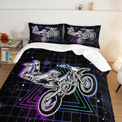 HOSIMA Motorcycle Racer Comforter Extreme Sports Theme Bedding Set for Kids Teens Men, King Size, Purple Line Grid Black Comforter with 2 Pillowcases.