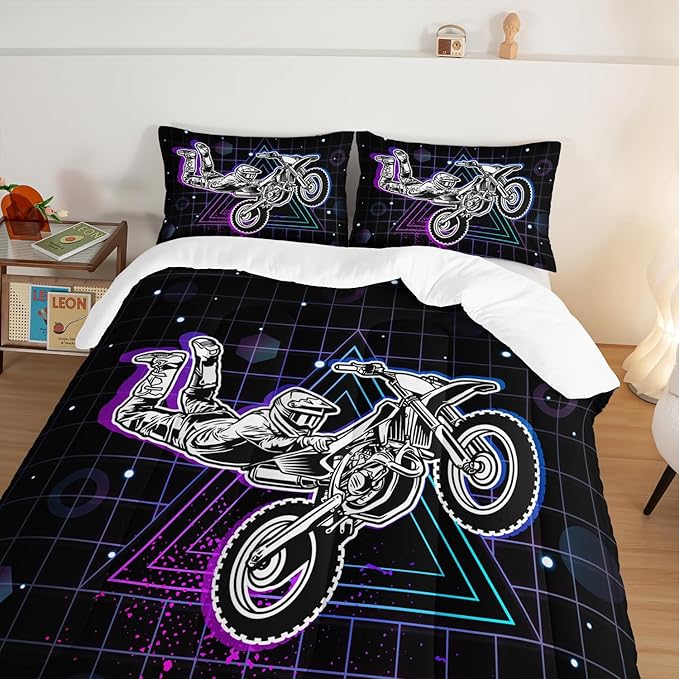 HOSIMA Motorcycle Racer Comforter Set - Extreme Sports Theme Bedding for Kids, Teens, Men Room Decor - Dirt Bike Motorbike Full Size With 2 Pillowcases - Purple Line Grid Black
