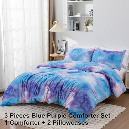 Purple Blue Twin Comforter Set, 3 Piece Tie Dye Comforter with 2 Pillowcases for Girls Boys Teens, Lightweight Microfiber Watercolor Twin Bedding Set, All Season Washable Easy Care