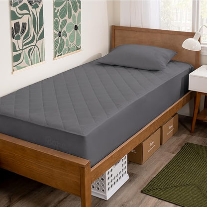 Bare Home Twin Quilted Fitted Mattress Pad - Cooling Mattress Cover - Easily Washable - Elastic Fitted Cover for Mattress - Stretch-to-Fit up to 15 Inches Deep (Twin, Grey)
