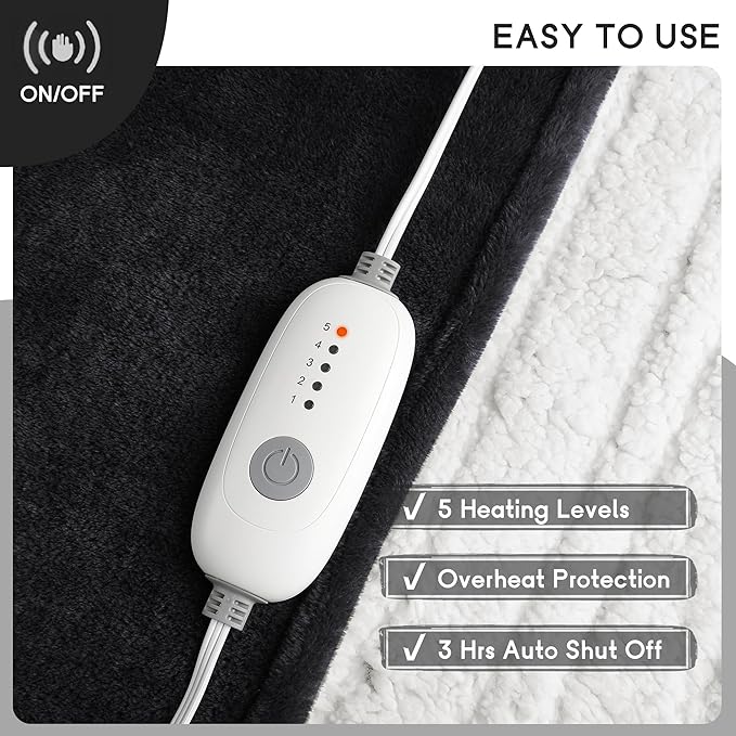 Heated Blanket Electric Throw 50''x60'', 3 Hour Auto Shut-Off 5 Heating Levels Small Warm Soft Flannel Electric Blanket Machine Washable - Black