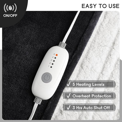Heated Blanket Electric Throw 50''x60'', 3 Hour Auto Shut-Off 5 Heating Levels Small Warm Soft Flannel Electric Blanket Machine Washable - Black