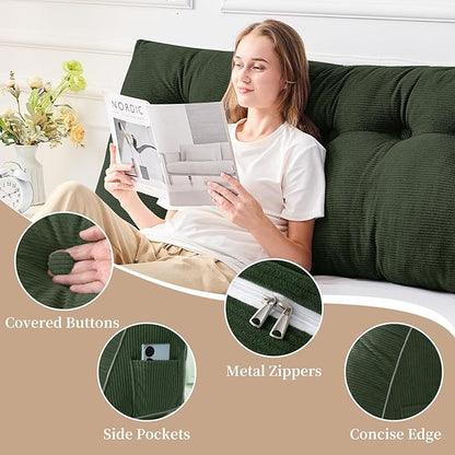 Sasttie Headboard Pillow Full, Wedge Pillow Headboard for Sitting Up in Bed, Back-Rest Support Triangular Cushion for Reading - Features Removable Washable Cover, Olive Green
