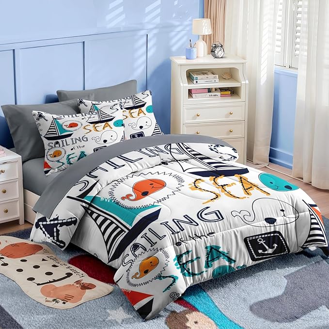 Nesker 5 Pcs Comforter Set Twin Size, Cute Nautical Sailboat Boat Bedding for Kids Teen, Sea Whale Bed Sheet with Pillowcase & Sham