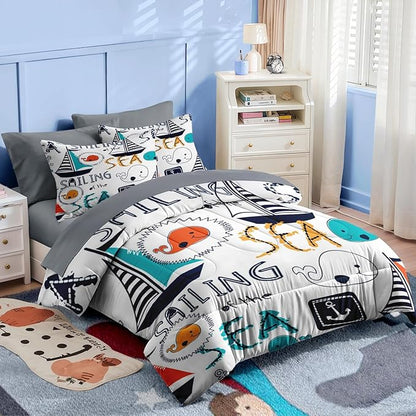 Nesker 7 Pcs Comforter Set Full Size, Cute Nautical Sailboat Boat Bedding for Kids Teen, Sea Whale with Fitted Sheet 2 Pillowcases & 2 Shams for Bedroom Bed Decor