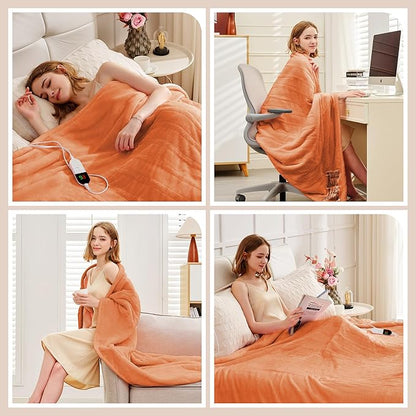 Heated Throw Blanket 50"×60" - Premium Cosy Soft Electric Blanket with 6 Heating Levels,Fast Heating Flannel Sherpa Blanket for Bed & Couch - Auto Shut Off/Machine Washable (Orange)