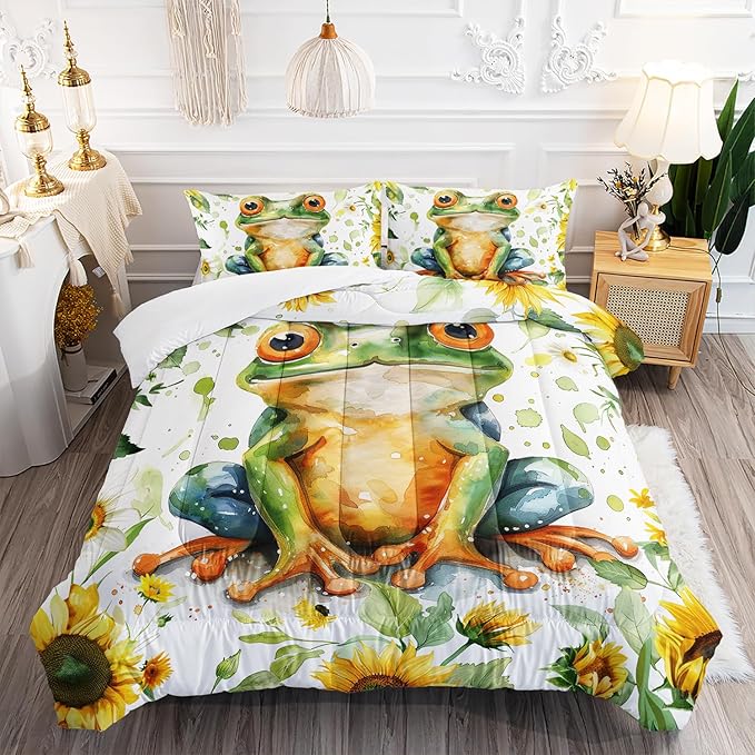 Cartoon Green Wild Frog Comforter 3Pcs Yellow Sunflower Bedding Queen Tropical Amphibian Animal Quilt Set for Kid Teen Girl Boy Adult Botanical Leaf Bed Decor with 1 Comforter and 2 Pillowcases