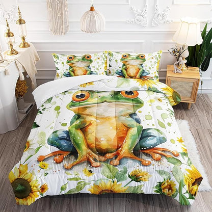 Cartoon Green Wild Frog Comforter 3Pcs Yellow Sunflower Bedding Queen Tropical Amphibian Animal Quilt Set for Kid Teen Girl Boy Adult Botanical Leaf Bed Decor with 1 Comforter and 2 Pillowcases