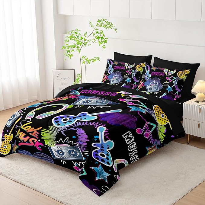 Colorful Guitar Comforter 7Pcs Musical Note Headphone Radio Star Bedding Set for Kid Teen Girl Boy Adult Cartoon Rock Music Quilt Bed Set Full with 2 Sheets,2 Pillowcases,2 Throw Pillow Covers