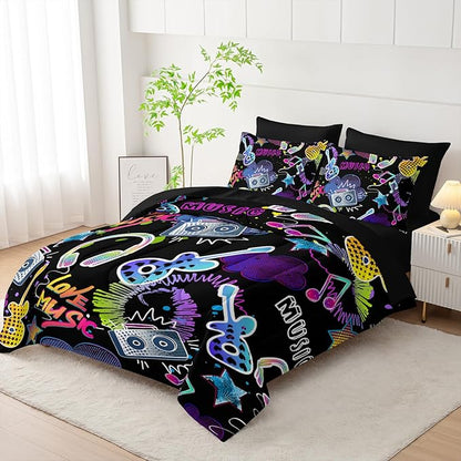 Colorful Guitar Comforter 7Pcs Musical Note Headphone Radio Star Bedding Set for Kid Teen Girl Boy Adult Cartoon Rock Music Quilt Bed Set Queen with 2 Sheets,2 Pillowcases,2 Throw Pillow Covers