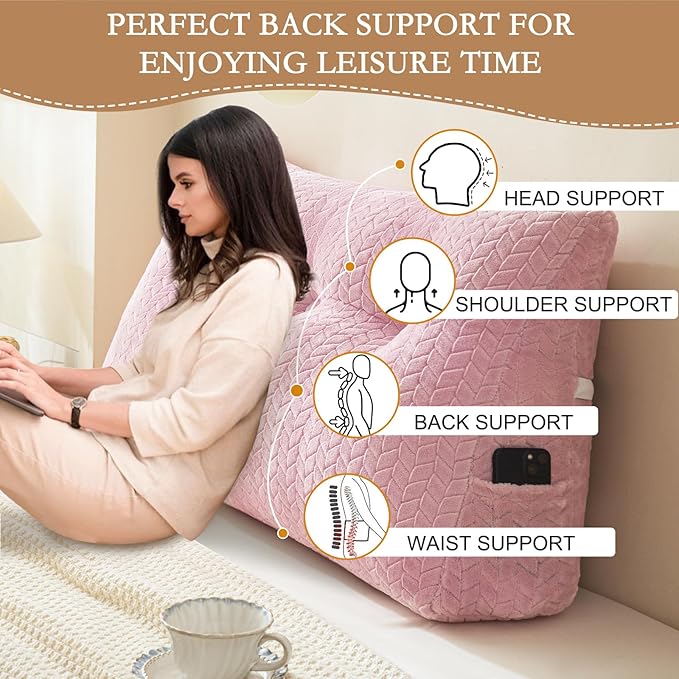 YOUR MOON Wedge Headboard Pillow Twin with 1 Pack Neck Roll Pillow, Triangular Wedge Backrest Pillows Headboard for Bed,Daybed,and Lounging, Large Bed Bolster Pillows,Pink