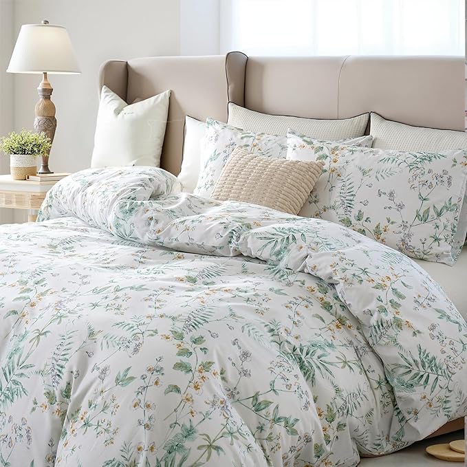 100% Cotton Duvet Cover Set Queen Size Vintage Chic Style Green Floral Duvet Cover Lightweight Floral Bedding Set with Zipper Closure for All Season, Exquisite, Ultra Soft