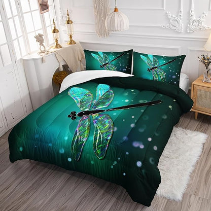 Dragonfly Twin Size Bedding Set for Kids Teens Adult, Colorful Dragonfly Comforter, Black Gradient Quilt Bedroom Decor