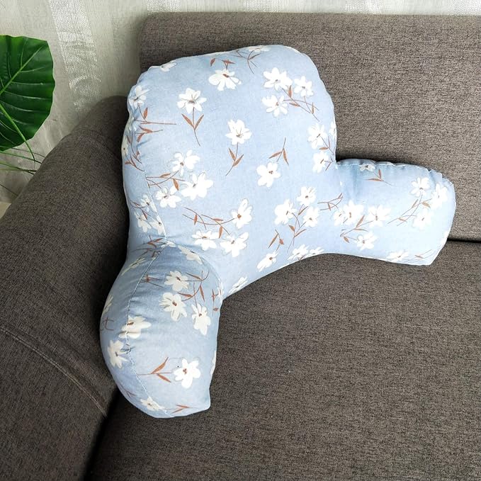 Bohemian Printed Reading Pillow with Support Arms Soft Bed Rest Pillows Back Support Cushion for Kids Reading Watching TV Sitting Up in Bed (20"×15"×8",Blue Floral)