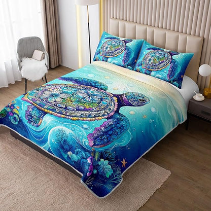 Blue Turtle Quilts Bedding Full 3Pcs Watercolor Flower Tortoise Bed Set Ocean Animal Coral Seaweed Starfish Pattern Bedspread Coverlet with 2 Pillowcases for Kid Boy Girl Teen Adult Room Decor