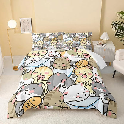 QOOMO Kawaii Cat Comforter Twin Size,Cute Cat Comforter Set for Kids Teens Girls,3Pcs Bedding Set Printed Comforter with 2 Pillowcases,Down Alternative,Soft and Lightweight，Twin Size