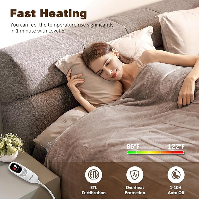 Electric Blanket King with Dual Control-100x90 Soft Double-Sided Flannel Heating Blanket, 9 Heat Levels & 10 Hours Timer Heated Throw, Machine Washable, Gift for Mom Dad - Camel