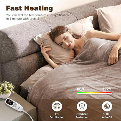 Electric Blanket King with Dual Control-100x90 Soft Double-Sided Flannel Heating Blanket, 9 Heat Levels & 10 Hours Timer Heated Throw, Machine Washable, Gift for Mom Dad - Camel