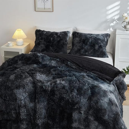 Wajade Faux Fur Plush Black Comforter Set Fluffy Fuzzy Shaggy Bedding Set - 3PC King Size Microfiber Soft Warm Quilt Set