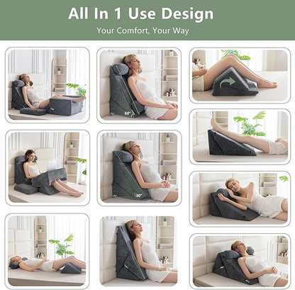 HIGOGOGO 10PCS Orthopedic Bed Wedge Pillow Set – Adjustable Soft Foam Body Positioners for After Surgery Recovery, Back & Leg Pain Relief, Sitting Up in Bed, Acid Reflux & GERD, Dark Grey