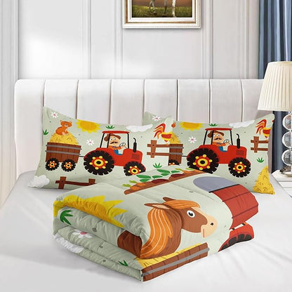 Kids Comforter Set Farm Theme Printed Pattern Bedding Set with 1 Comforter and 2 Pillowcases for Girls Boys Bedroom All Season(Farm Theme02 Queen)