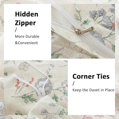 Floral Duvet Cover Set Full Size 100% Cotton Green Floral Comforter Cover 3 Pcs Lightweight Soft Aesthetic Floral Bedding Sets
