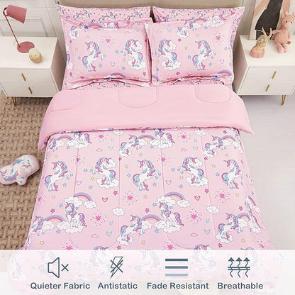 Mooreeke Kids Twin Comforter Sets for Girls 6 Pieces Pink Unicorn Bedding Set for Teens Soft Microfiber Kids Bed in A Bag with Comforter, Sheet Set, Shams and Decorative Toy Pillow All Season