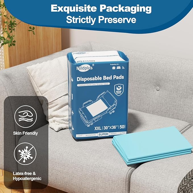 50 Count Disposable Bed Pads 30''X36'' MILDPLUS Super Absorbent Underpads, Disposable Extra Large Chucks Pads Incontinence Pads for Adults and Kids, Dog Training Pads