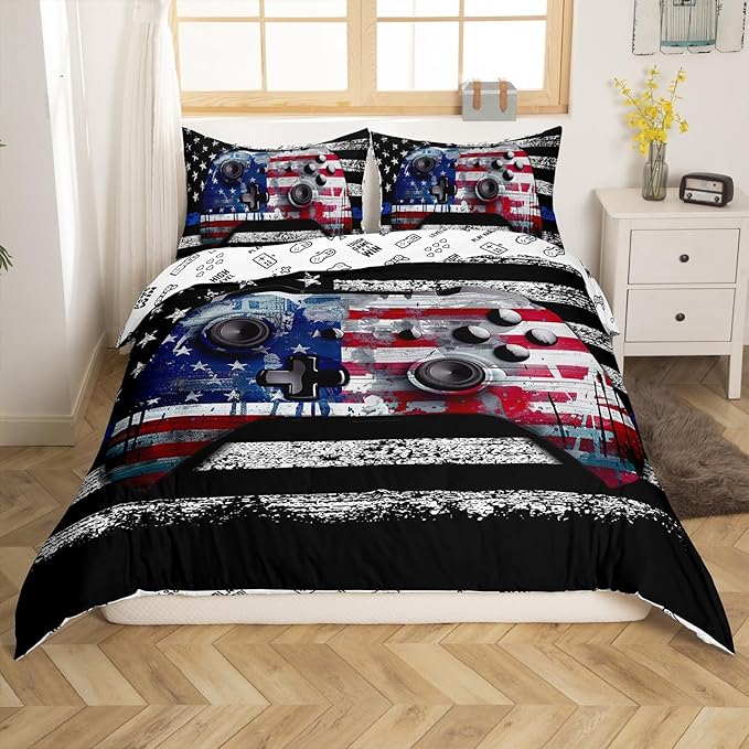 Boys Teens Gamer Duvet Cover Set Queen Size, Reversible American Flag Gamepad Print Video Games Theme Comforter Cover Game Room Decor, American Culture Bedding Sets with 2 Pillowcases, Black