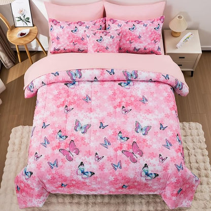 Butterfly Comforter Set Twin Size 6 Piece Bed in A Bag Colorful Flowers Leaves Bedding Set for Kids Teens Super Soft All Season - Pink