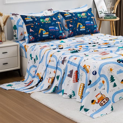 Holawakaka Trucks Tractors Cars Boy Bedding Comforter Set with Sheets, Twin Size Cartoon Construction Car Excavator Print Kids Bed in A Bag 5-Piece, Boys Reversible Dorm Bed Sets (Navy Blue Twin)