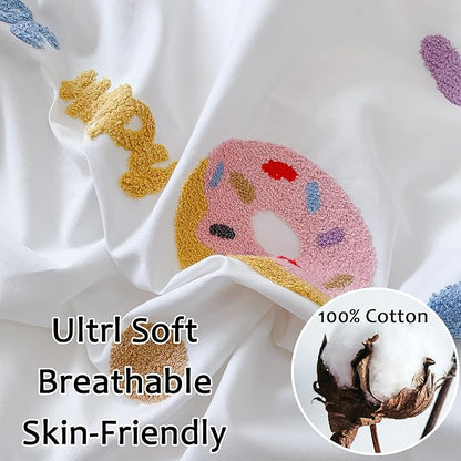 MorroMorn Cotton Duvet Cover Queen Size, 3D Embroidery Queen Bedding Sets All Seasons, Cute Chenille Embroidered Comforter Covers Soft Sweat-Absorbent for Girls Kids Teen (Donut White, Full/Queen)
