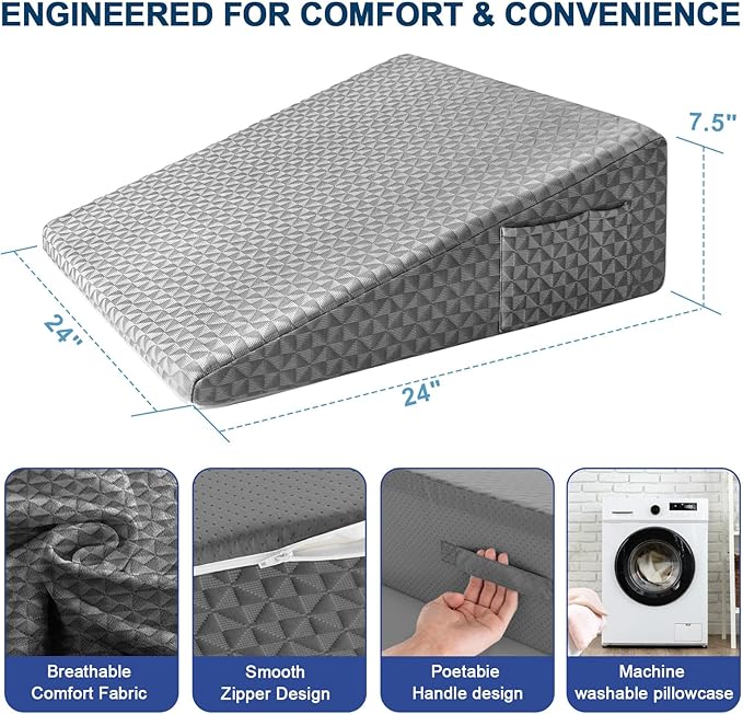 Wedge Pillow 7.5" Bed Wedge After Surgery, Back Pain Relief, Memory Foam Pillow Triangle Incline Wedge for Back Support, Leg Elevation（Grey）