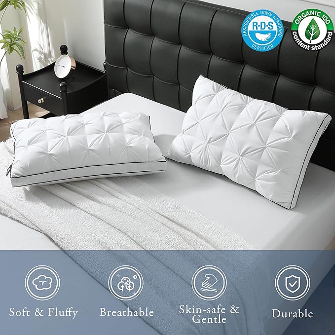 BPC Luxury Goose Feather Down Pillows King Size, Gusseted Hotel Bed Pillows for Sleeping, 100% Organic Cotton Cover, Surround Polyester Fill, Soft Fluffy for Sleepers (18"x34" + 2" Gusset, Pack of 2)