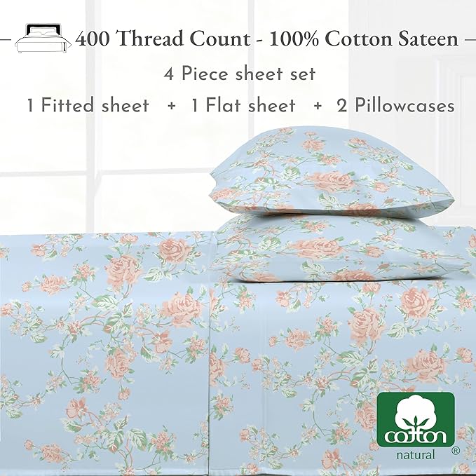 California Design Den Full Size Bed Sheets Set - 400 Thread Count Sateen, Natural 100% Cotton Sheets for Full Size Bed, Deep Pocket and Durable Bedding Set - Antique Rose