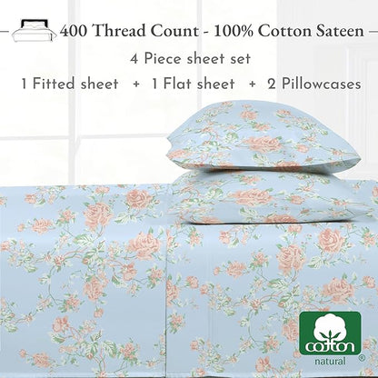 California Design Den Floral Printed Queen Sheet Set - 400 Thread Count Sateen, Natural 100% Cotton Sheets Queen Size Bed Set, Deep Pockets, and Durable Bedding - Antique Rose