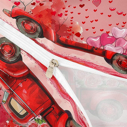 Castle Fairy Valentine's Day Duvet Cover Set Full Size,Red Truck Heart Tree Bedding Kids Girls Women Couple Room Decor,Pink Rose Flowers Trailer Comter Romantic Gifts Quilt 3pcs (WWS12829ZMD-TJ_USf)