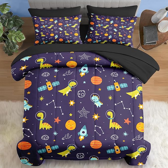 Comforter Set Queen Size, Space Astronaut Dinosaur 7 Pcs Bedding for Kids and Adults, Funny Galaxy Dino Planet Bed Sheet Sets with Fitted Sheet 2 Pillowcases & 2 Shams for Bedroom Bed Decor
