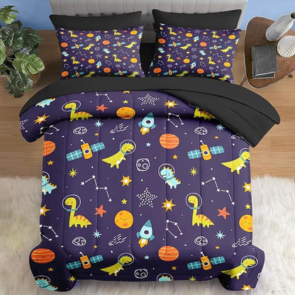 Comforter Set Queen Size, Space Astronaut Dinosaur 7 Pcs Bedding for Kids and Adults, Funny Galaxy Dino Planet Bed Sheet Sets with Fitted Sheet 2 Pillowcases & 2 Shams for Bedroom Bed Decor