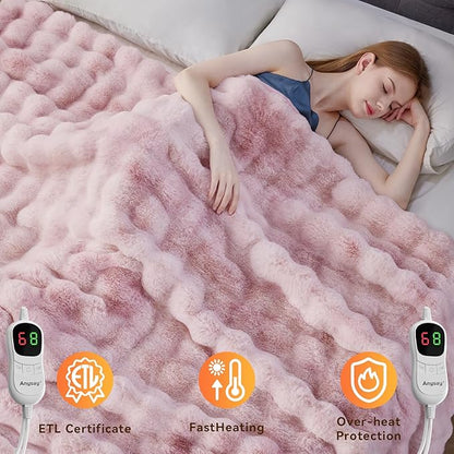 Heated Blanket Throw with 1/2/4/6/8 Hours Auto-Off 10 Heat Level, 90'' * 100'' Cozy Faux Rabbit Fur Bubble Electric Blanket with Overheat Protection(Tie-Dye Pink)