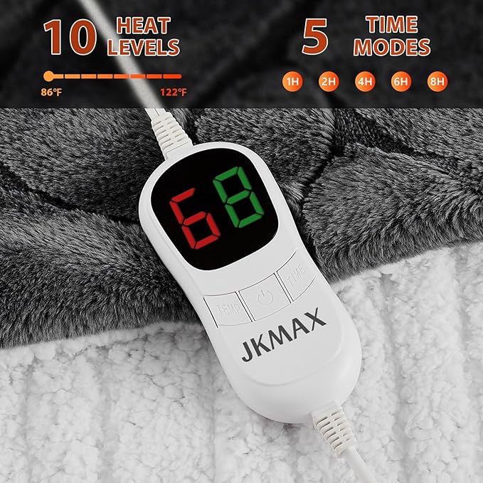 Heated Electric Blanket- Electric Throw Blanket 100"x90" for Bed- Heated Blanket with 5 Heating Levels& 4 Hours Auto Off for Home Office - Soft Faux Fur Heating Blanket for Full Body(Grey)
