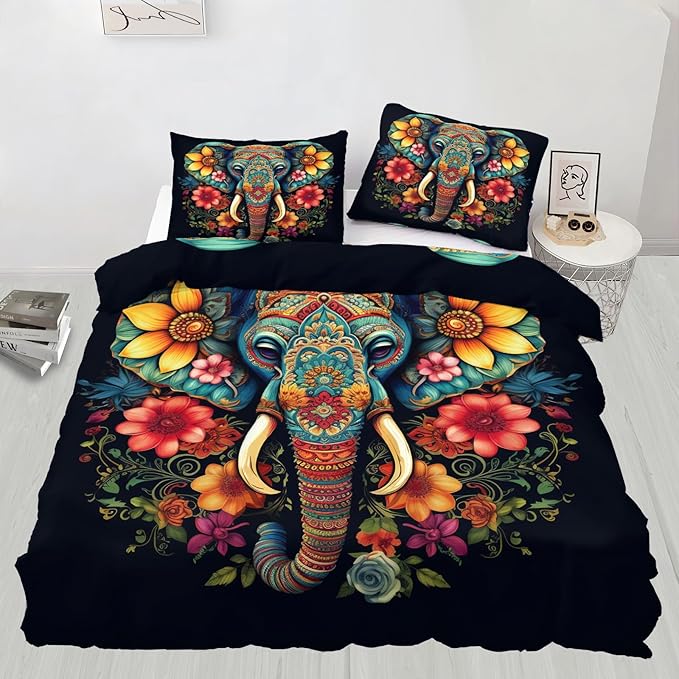 Elephant Duvet Cover Full Size, Indian Elephant Bedding Set 3 Piece Bedroom Decor African Wildlife Comforter Cover and 2 Pillow Sham with Zipper Closure