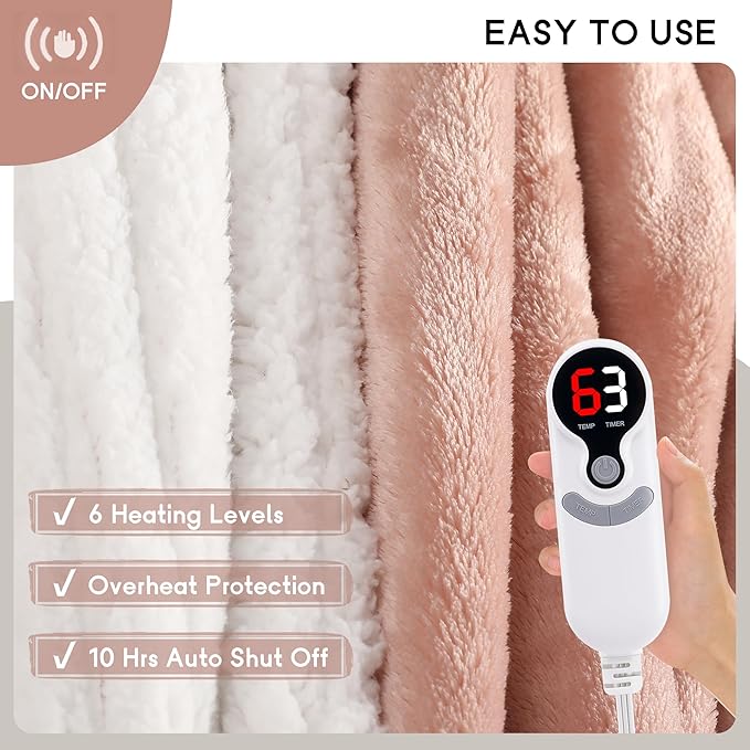 Heated Blanket Electric Throw 50''x60'', 3 Hour Auto Shut-Off 6 Heating Levels Small Warm Soft Flannel Electric Blanket Machine Washable - Cozy Pink
